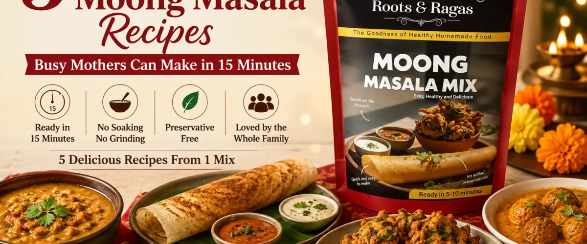 Roots & Ragas Moong Masala Mix showcasing 5 quick festive recipes including dosa, appe, pakode and kofta, ready in 15 minutes without soaking or grinding.
